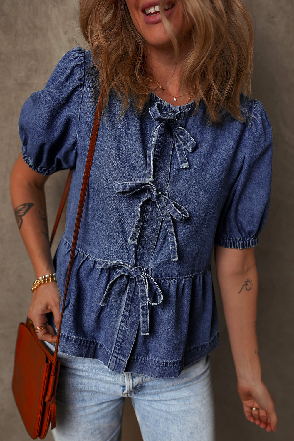 Sail Blue Tied Front Bubble Sleeve Peplum Denim Shirt