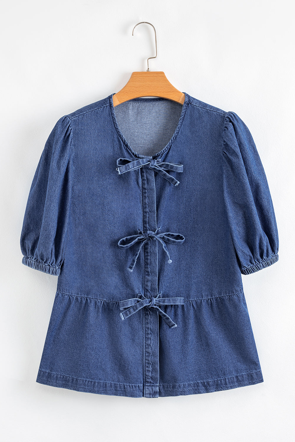 Sail Blue Tied Front Bubble Sleeve Peplum Denim Shirt