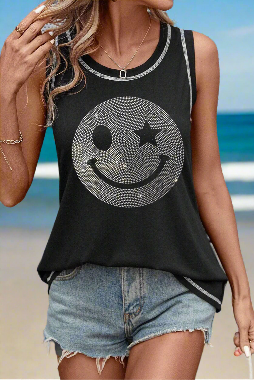 Rhinestone Smile Face Round Neck Tank