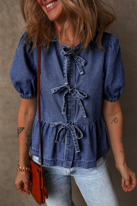 Sail Blue Tied Front Bubble Sleeve Peplum Denim Shirt