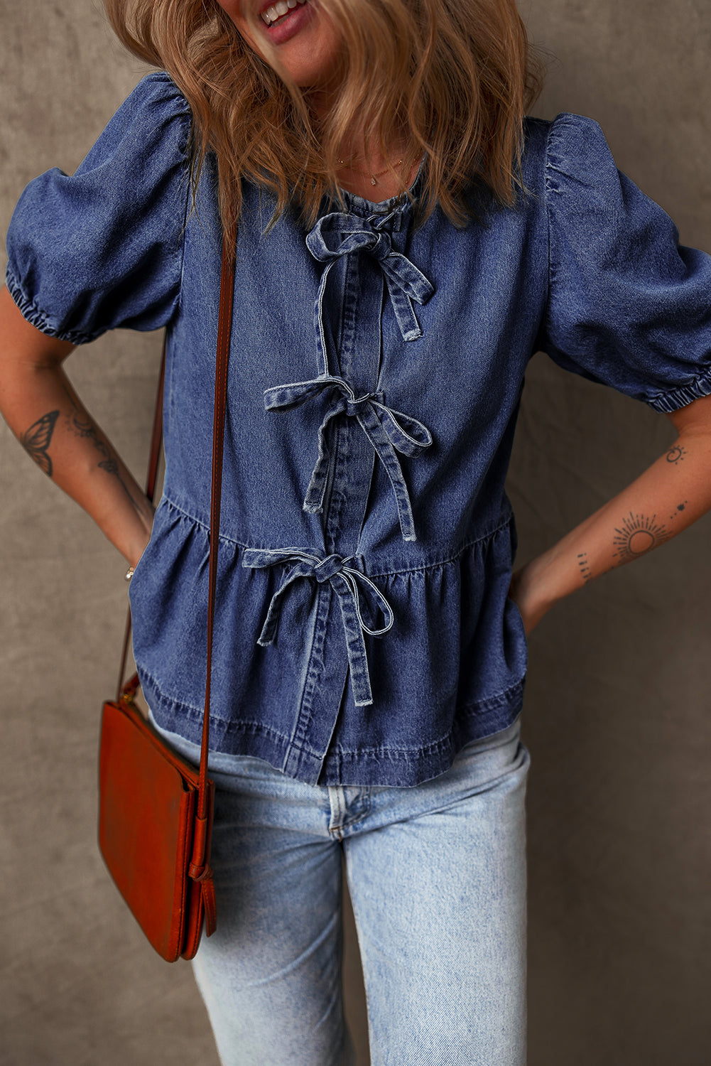 Sail Blue Tied Front Bubble Sleeve Peplum Denim Shirt